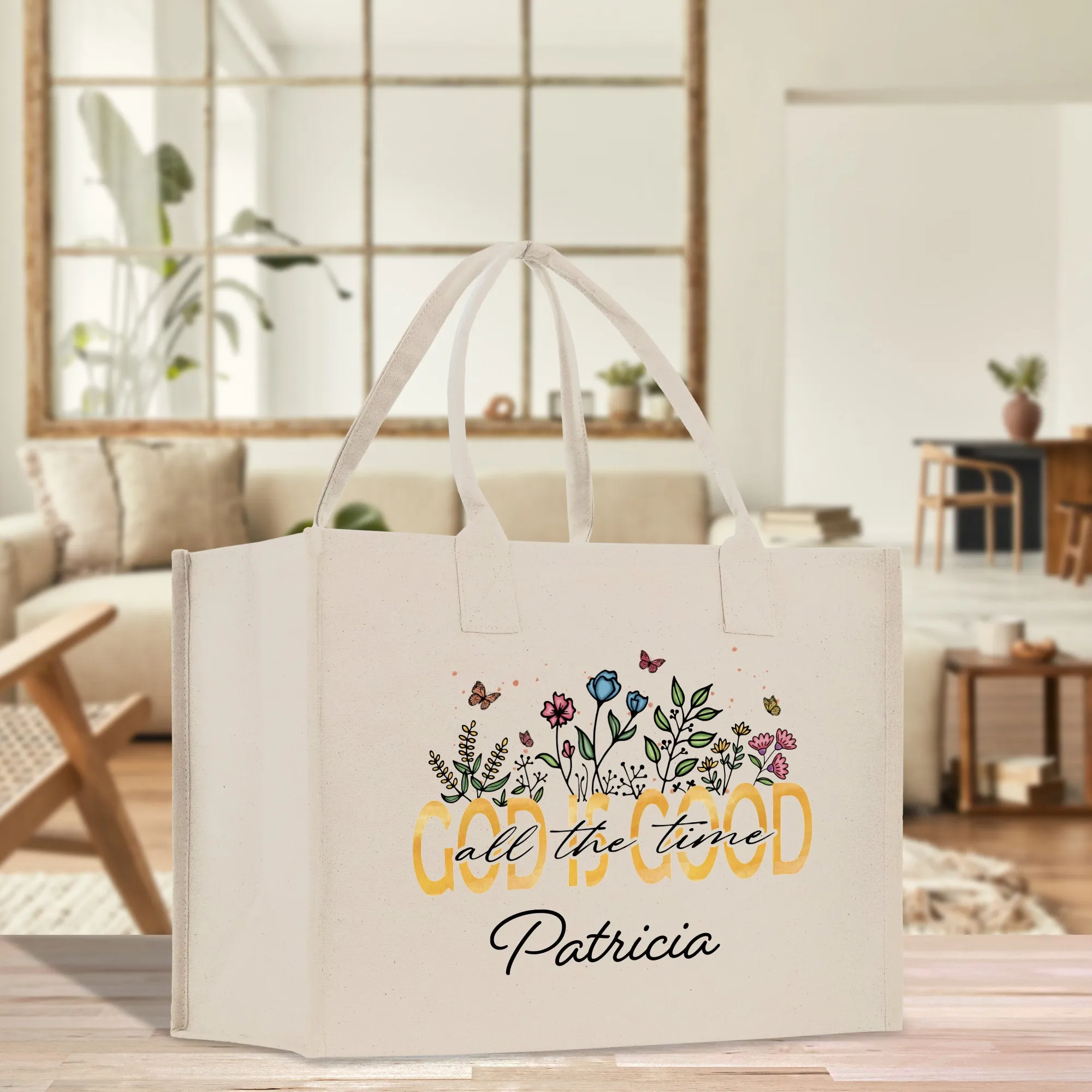 God Is Good with Flower Personalized Name Cotton Canvas Religious Tote Bag for Women Religious Gifts Bible Verse Gift Church Tote Bag