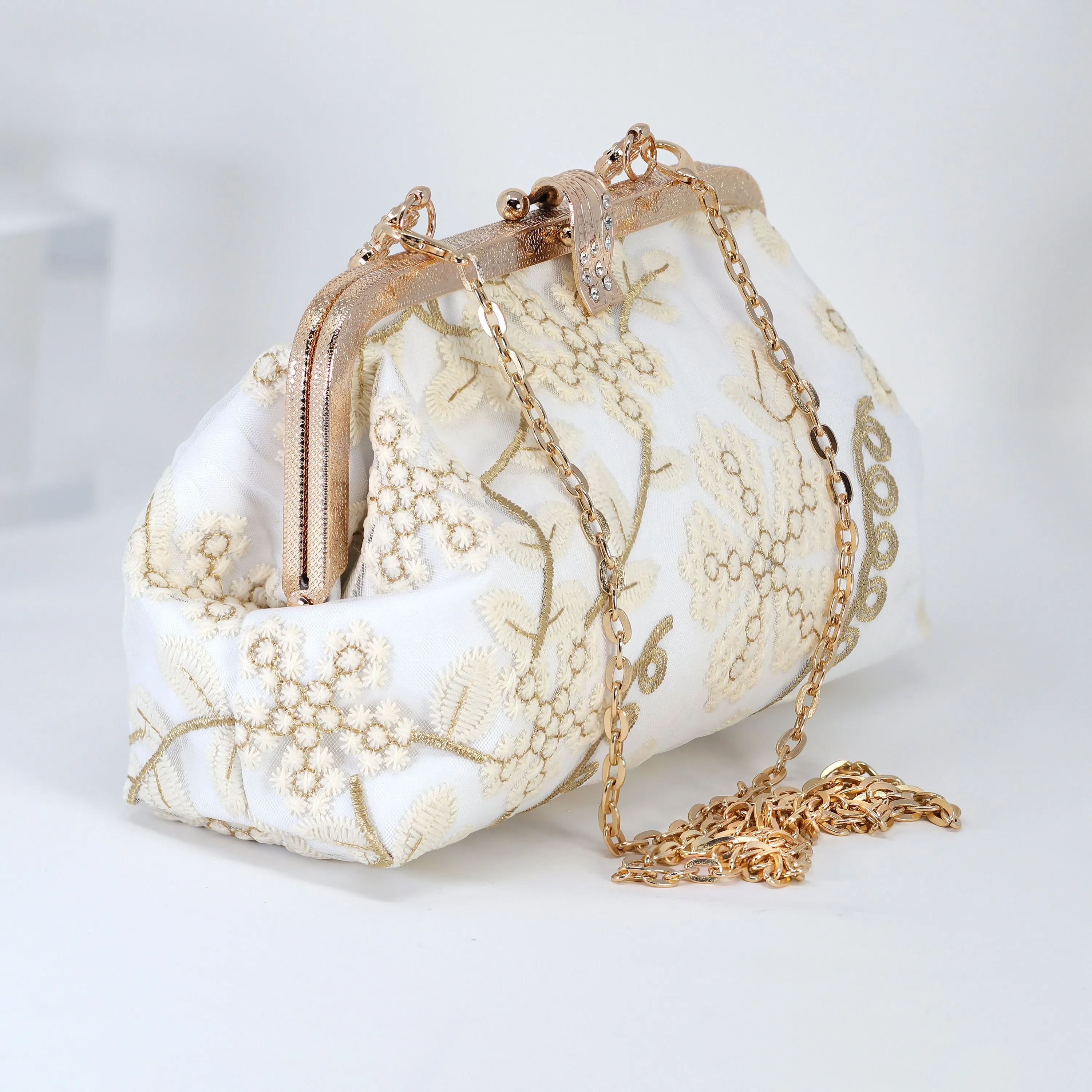 Gold White Lace Beige Embroidered Floral Wedding Clutch, Statement Bag, Evening Clutch, Wedding Clutch, Bridal Clutch, Cross Body Bag