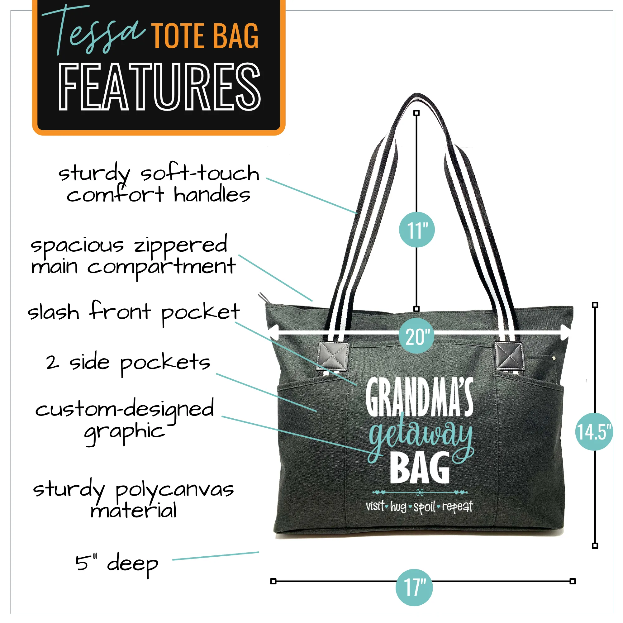 Grandma's Getaway Black Tessa Tote Bag for Grandmothers