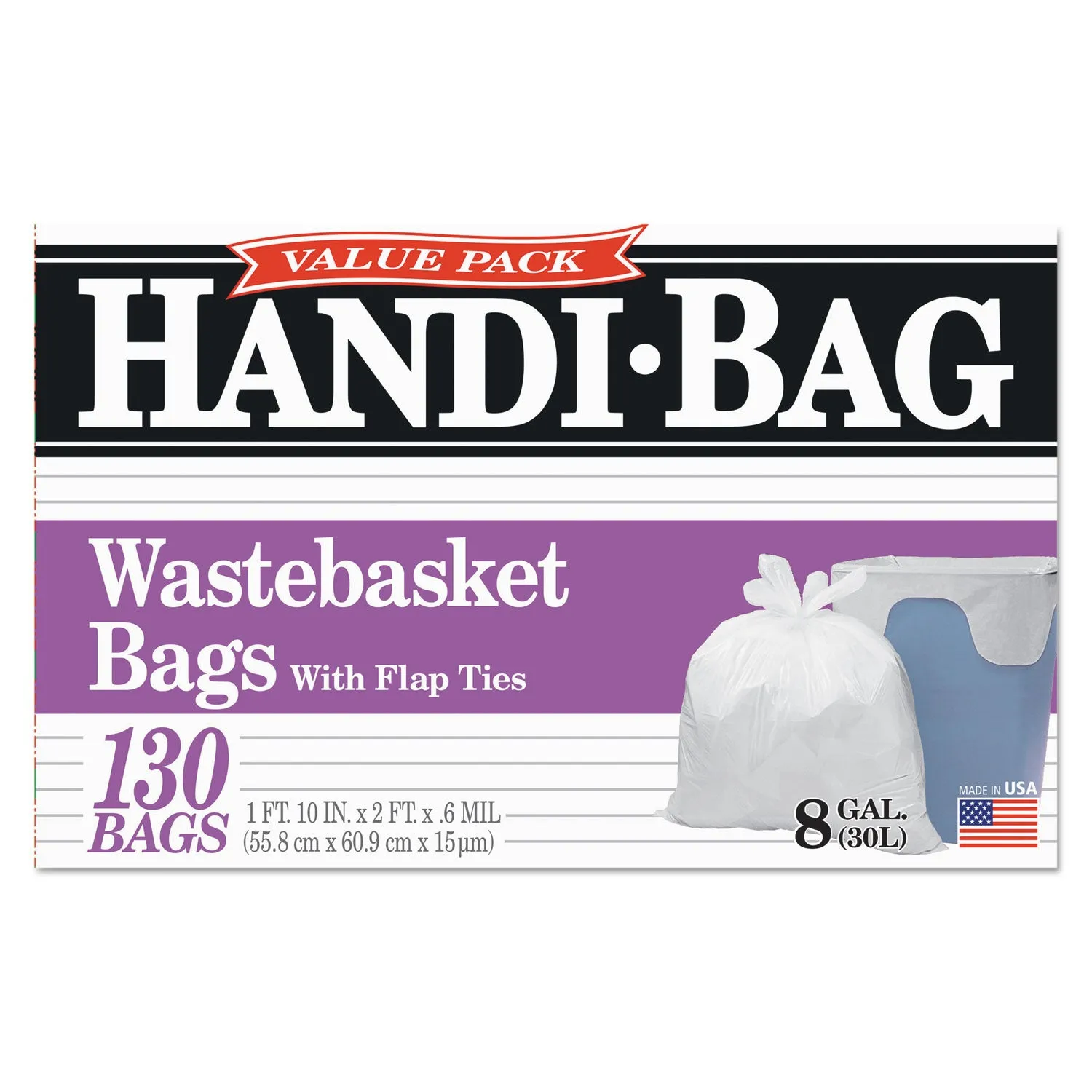 Handi-Bag Super Value Pack, 8 Gal, 0.6 Mil, 22" X 24", White, 130/Box - WBIHAB6FW130