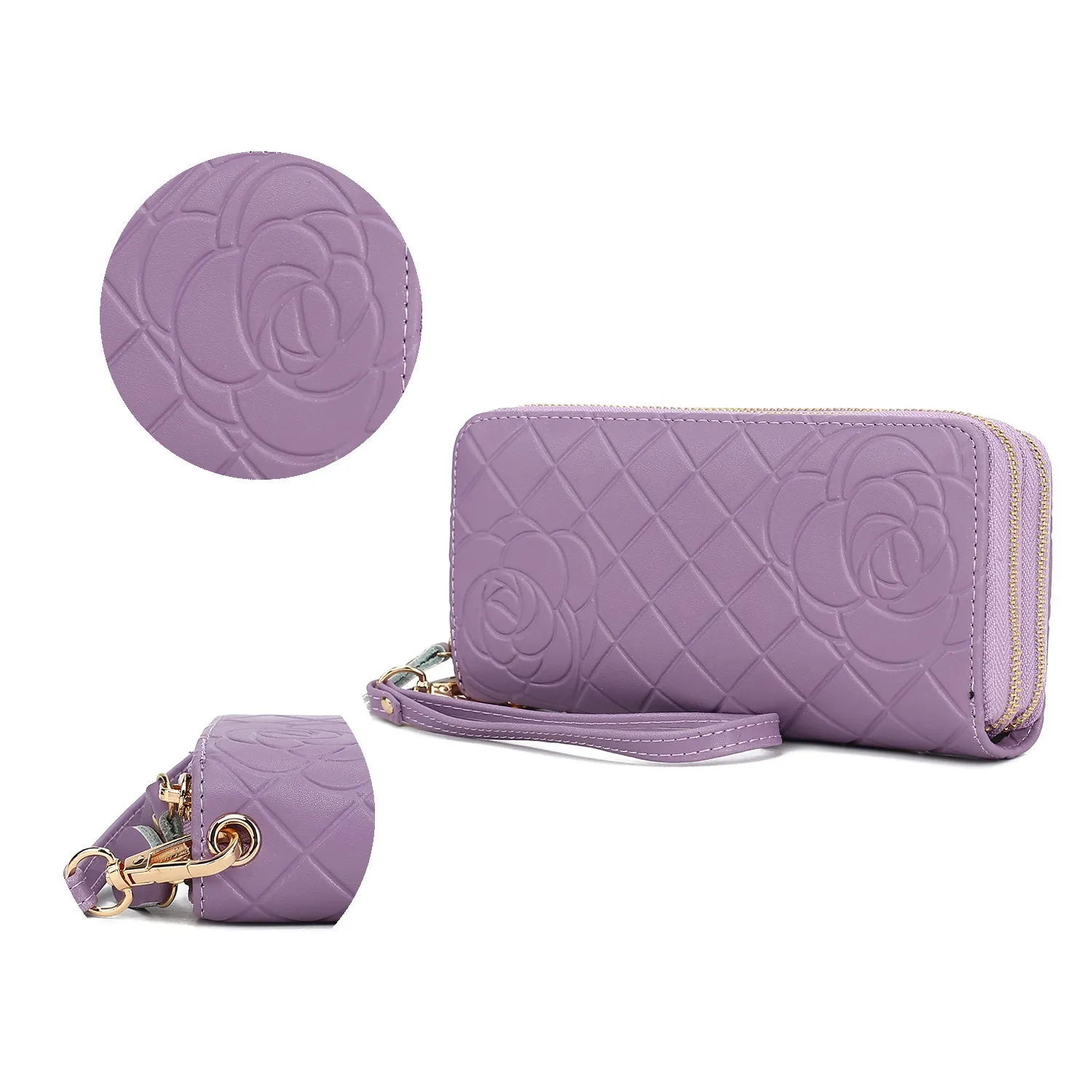 Honey Genuine Leather Quilted Flower Embossed Women Wristlet Wallet