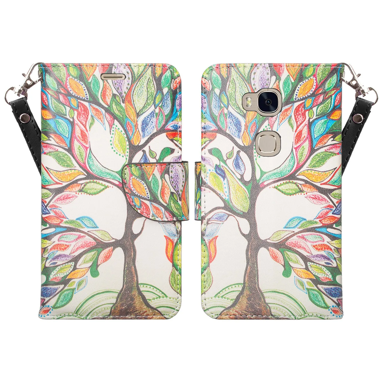 Huawei Sensa LTE Case, Wrist Strap Pu Leather Magnetic Fold[Kickstand] Wallet Case Cover with ID & Credit Card Slots for Huawei Sensa LTE - Colorful Tree