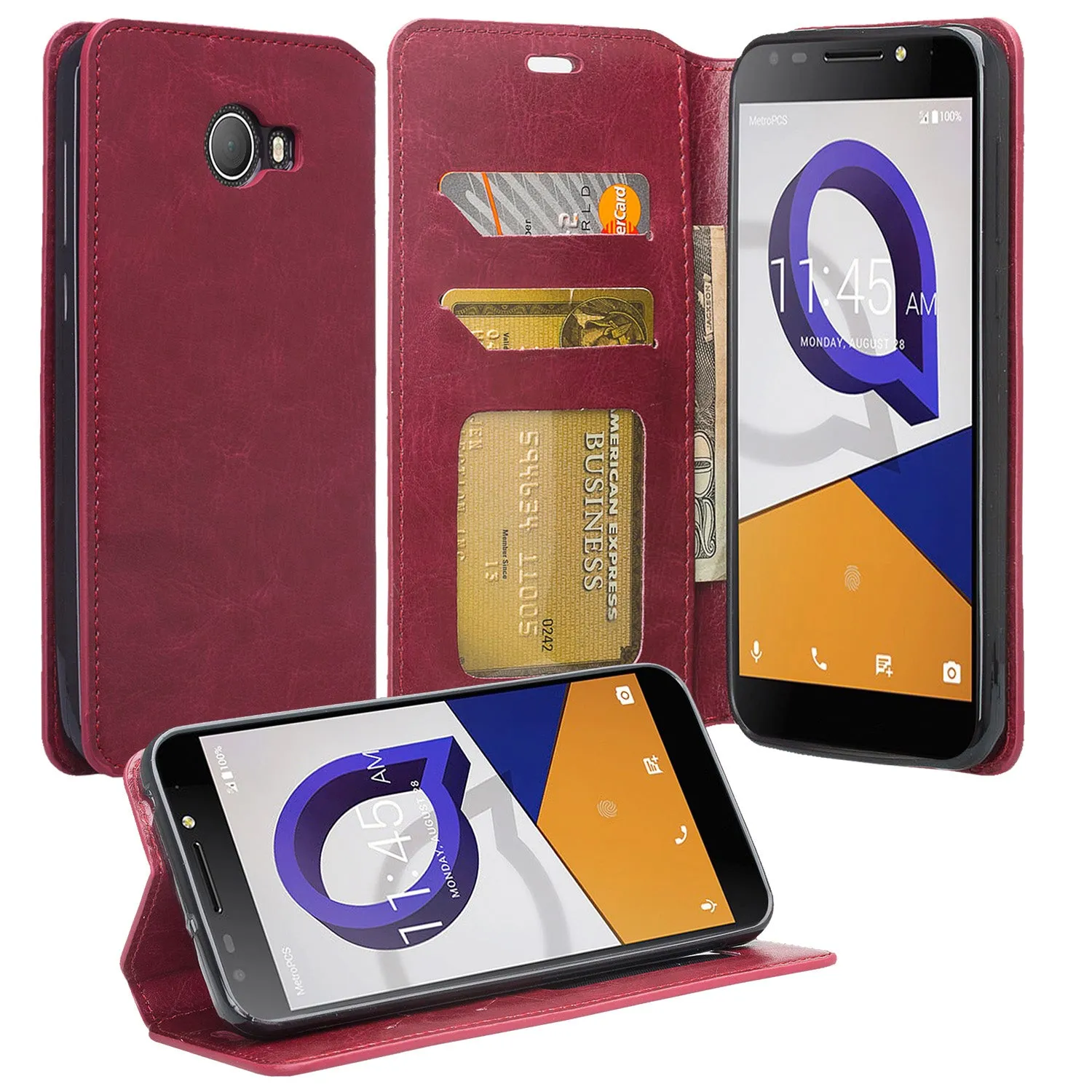 Jitterbug Smart 2 Smart2 Case, Magnetic Flip Fold Kickstand Leather Wallet Cover with ID & Credit Card Slots - Maroon