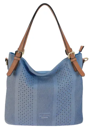 Laser Cut Curved Handbag in Blue with Contrasting Strap