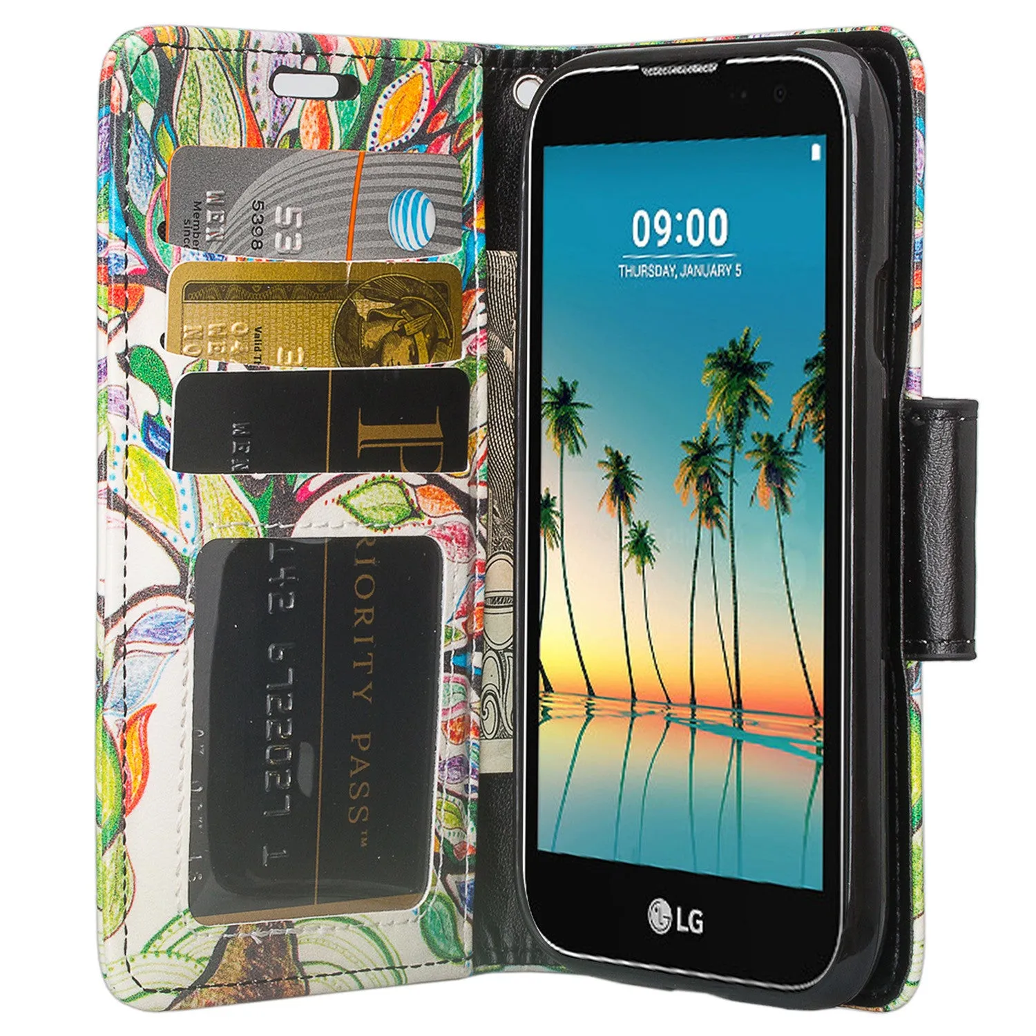 LG K3 (2017) Wallet Case, Wrist Strap Pu Leather Magnetic Flip Fold[Kickstand] with ID & Card Slots for LG K3 (2017)- Colorful Tree