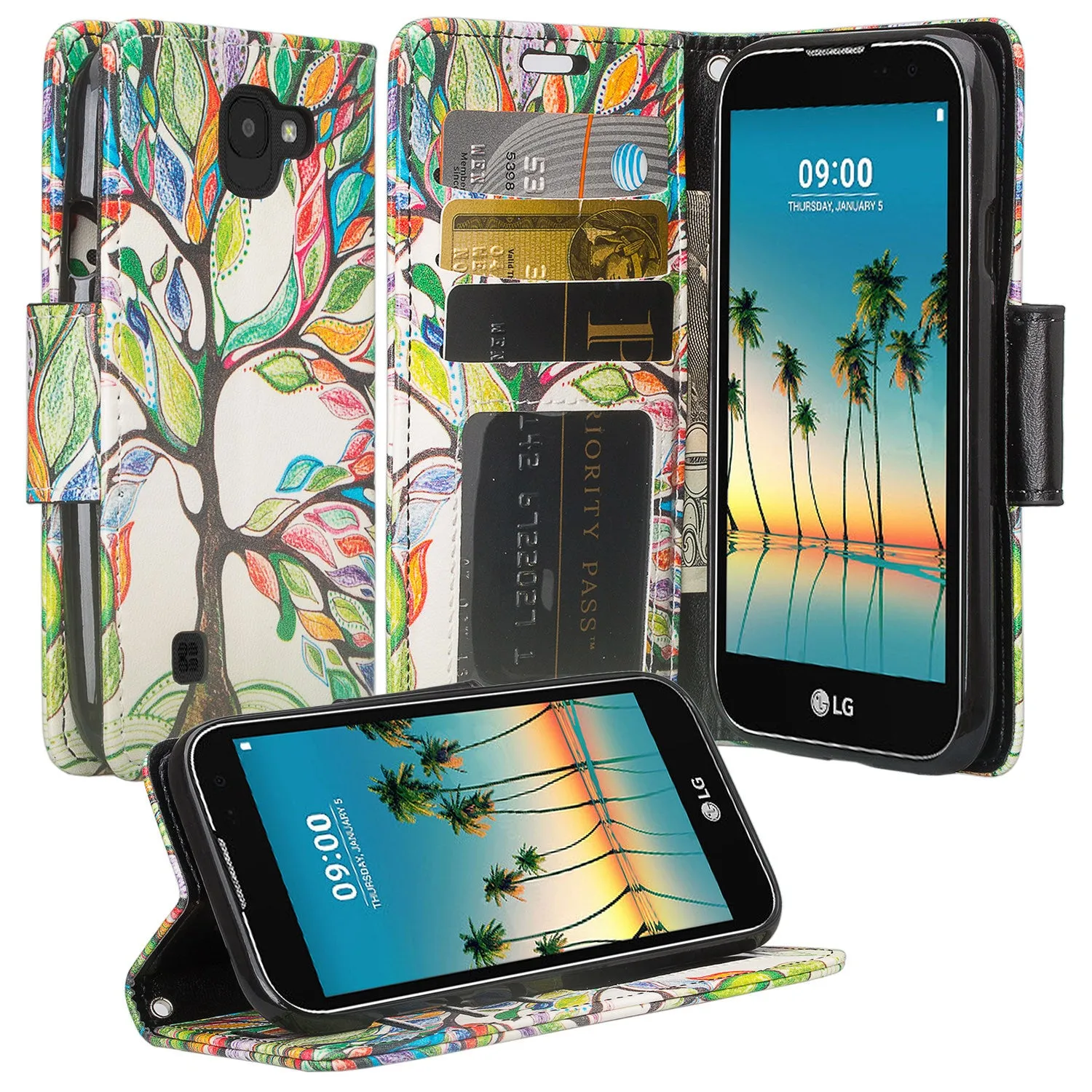 LG K3 (2017) Wallet Case, Wrist Strap Pu Leather Magnetic Flip Fold[Kickstand] with ID & Card Slots for LG K3 (2017)- Colorful Tree