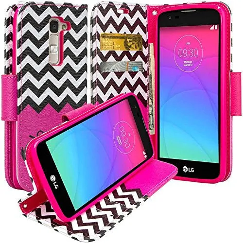 LG K7, LG Tribute 5, LG Treasure Wallet Case, Wrist Strap [Kickstand] Pu Leather Wallet Case with ID & Credit Card Slots - Hot Pink Anchor