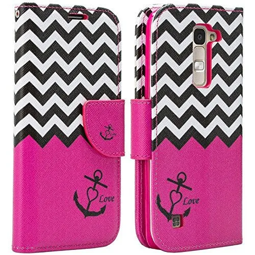 LG K7, LG Tribute 5, LG Treasure Wallet Case, Wrist Strap [Kickstand] Pu Leather Wallet Case with ID & Credit Card Slots - Hot Pink Anchor