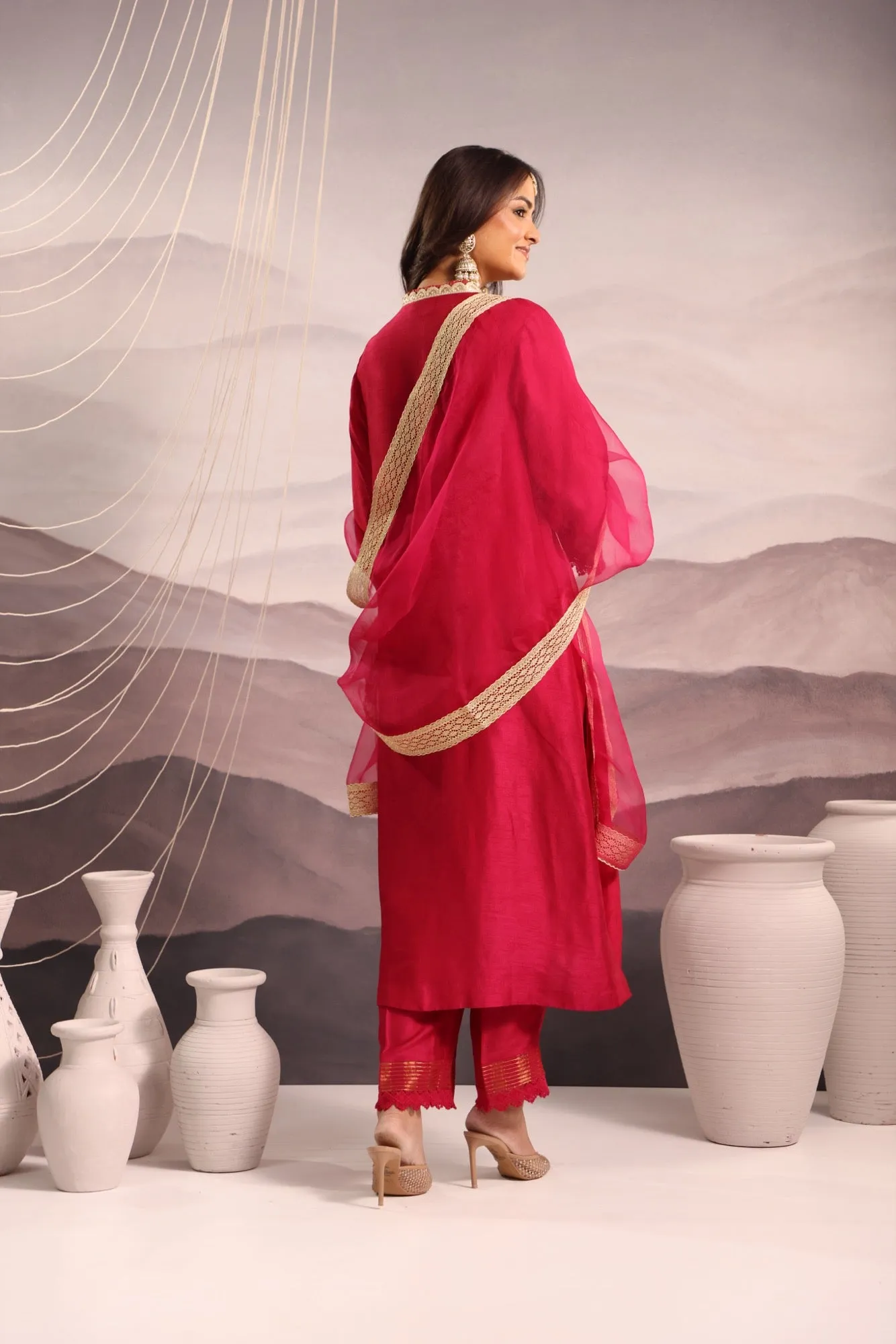 magenta embroidered v neck silk kurta set