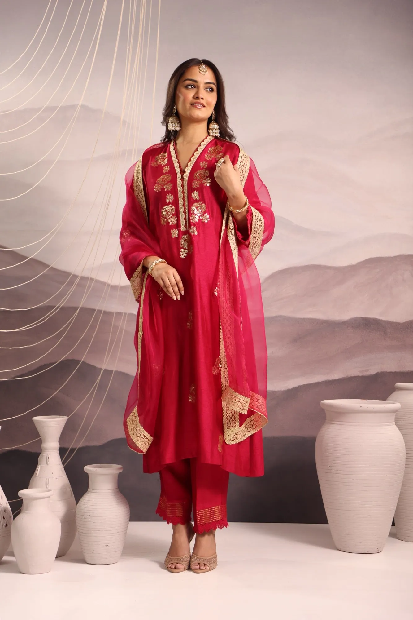 magenta embroidered v neck silk kurta set