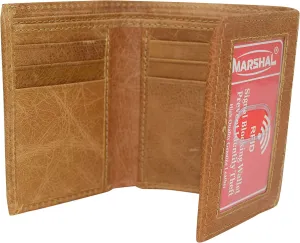 Marshal RFID Blocking Men's Cowhide Leather Outside ID Credit Card Holder Trifold Tan Wallet