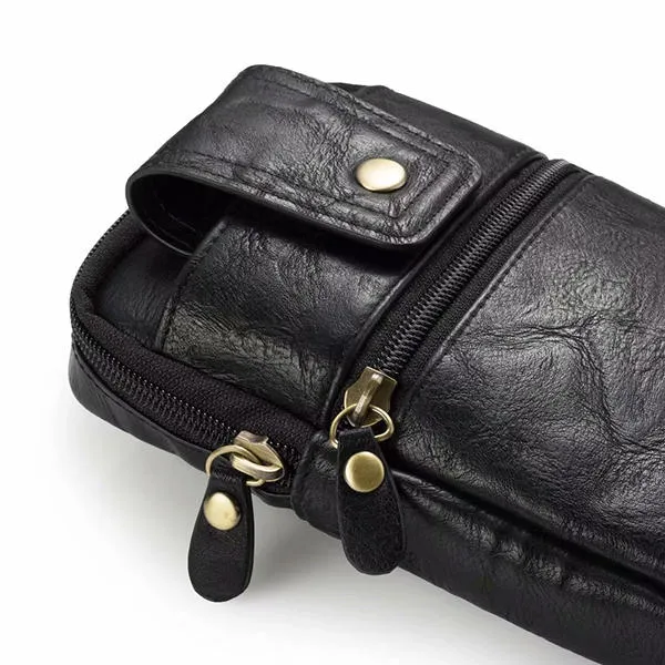 Men Genuine Leather Double Zipper Waist Bag Crossbody