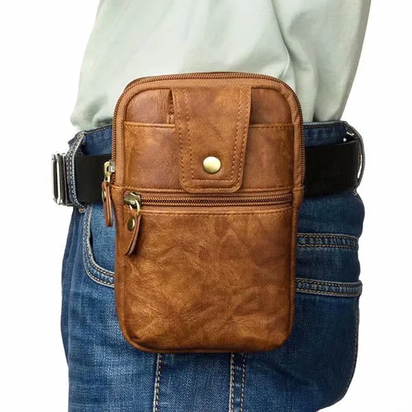 Men Genuine Leather Double Zipper Waist Bag Crossbody