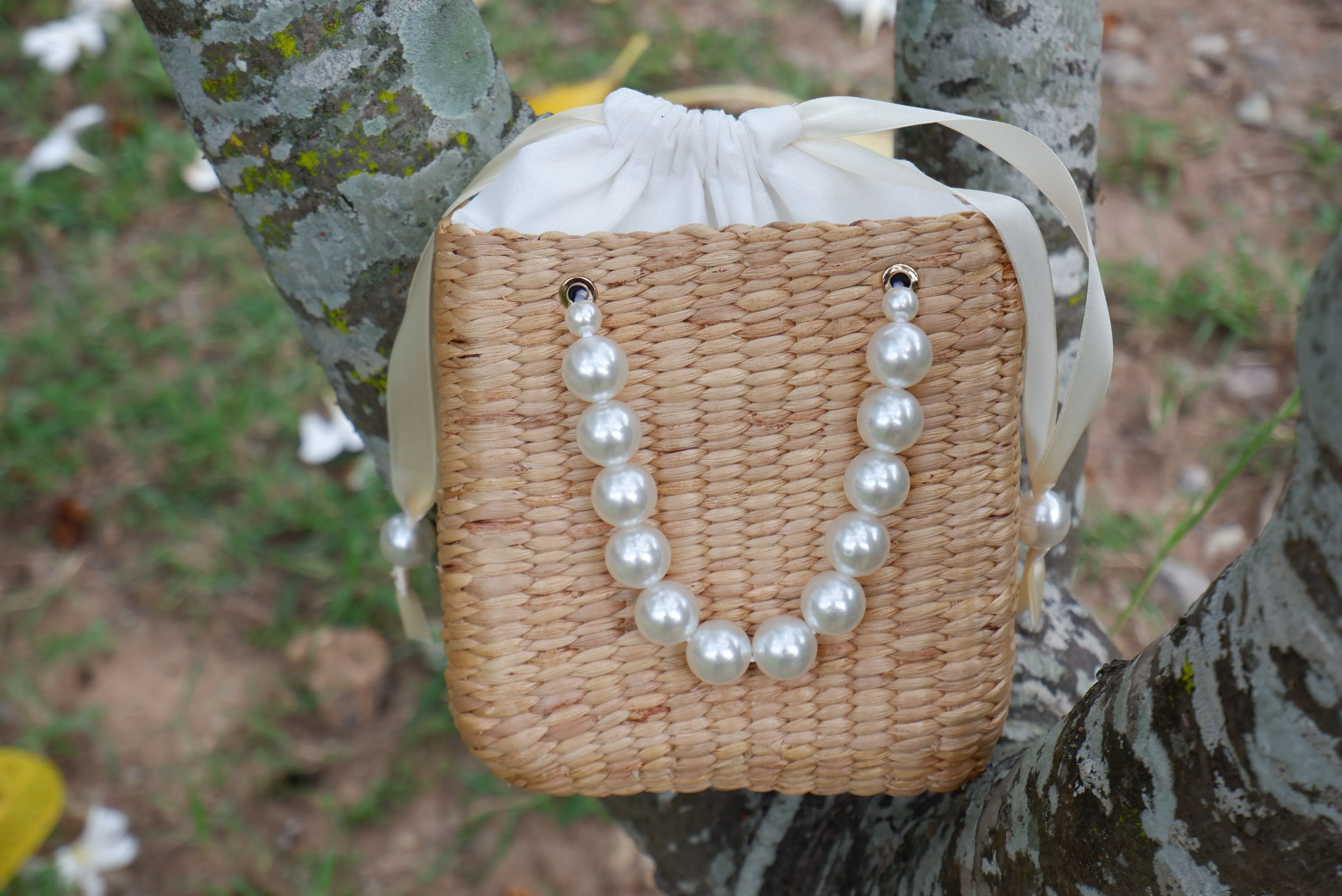 pearl beaded straw bag