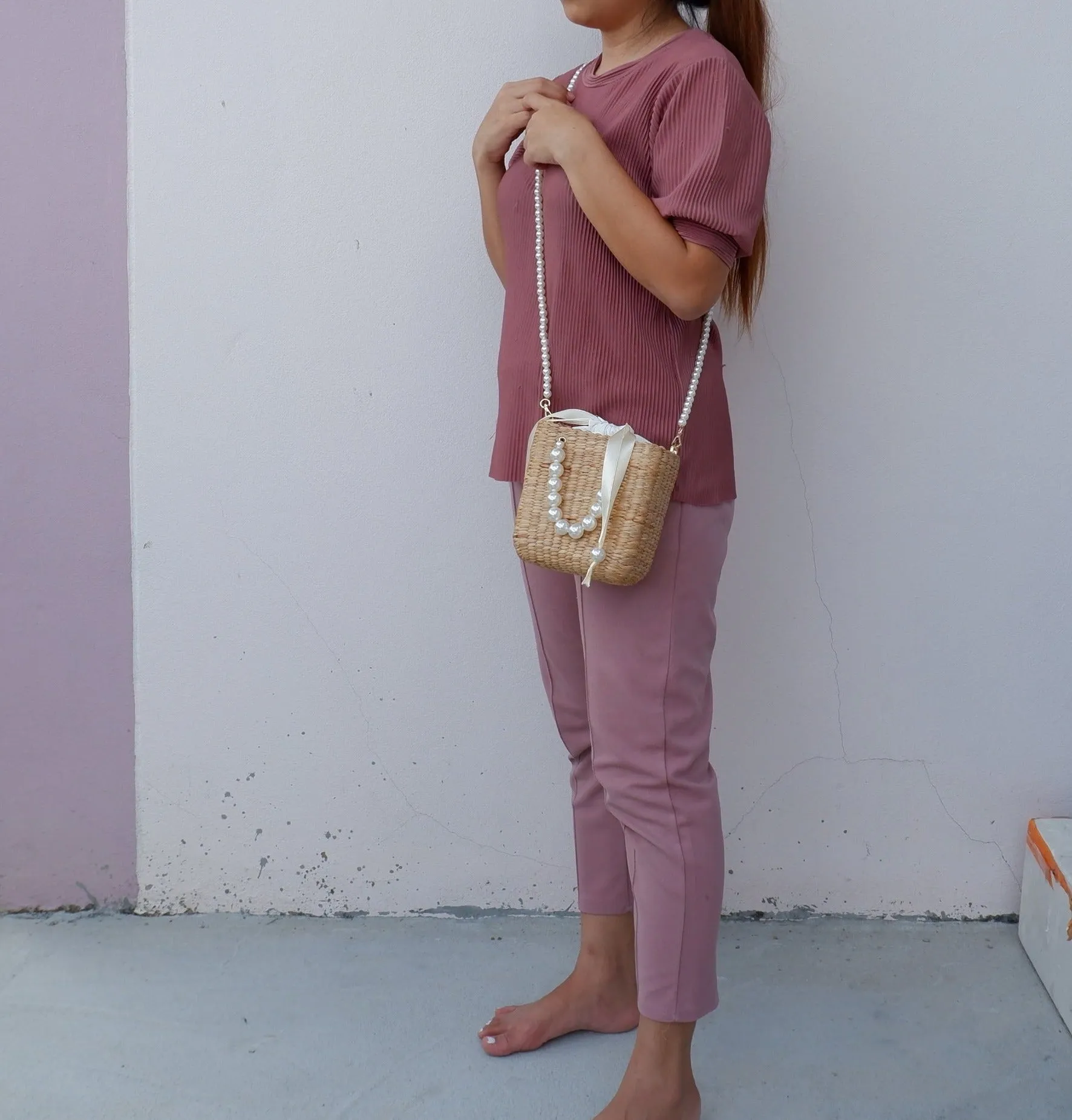 pearl beaded straw bag