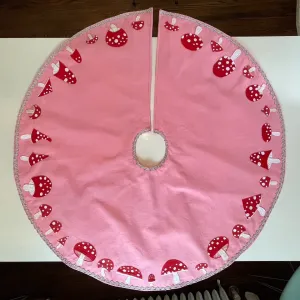 Pink Felt Christmas Tree Skirt with Mushrooms