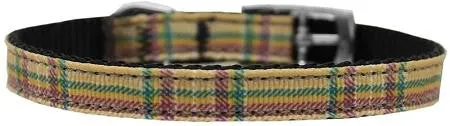 Plaid Nylon Dog Collar with classic buckle 3-8" Khaki Size 12