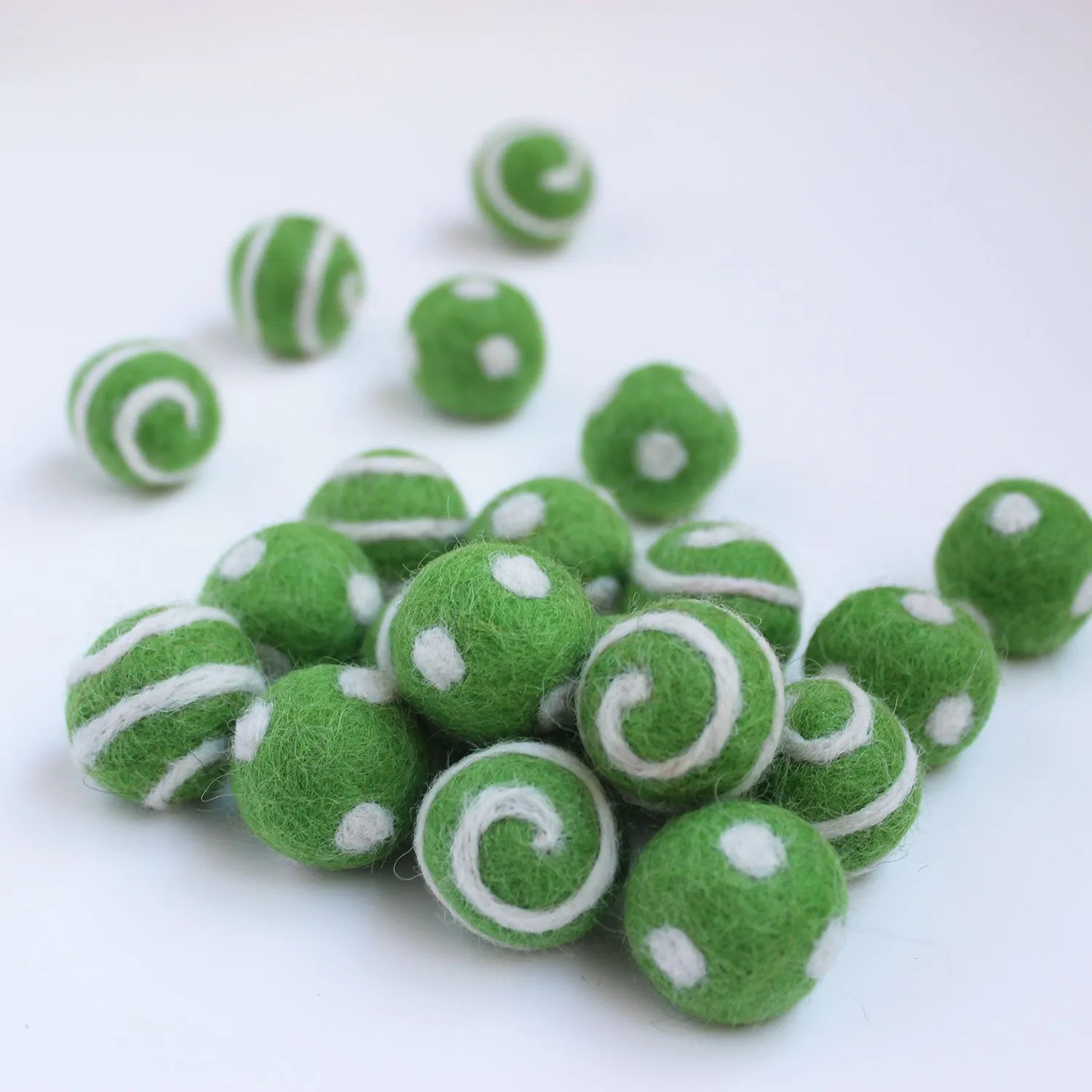 Polka Dot Swirl Felt Balls White On Spring Green