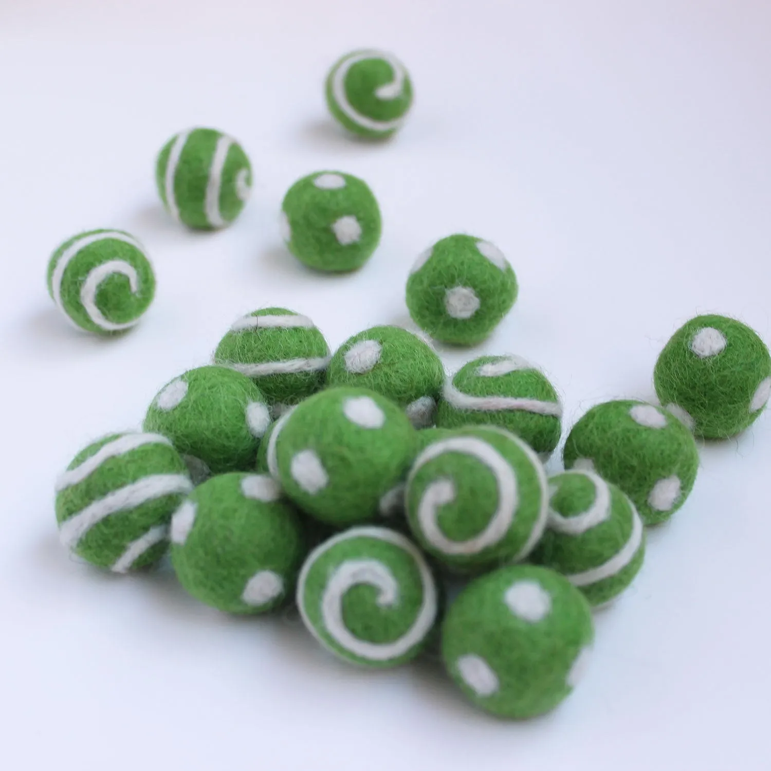 Polka Dot Swirl Felt Balls White On Spring Green