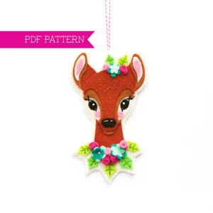 Reindeer and Flowers Wool Felt Ornament PDF Pattern