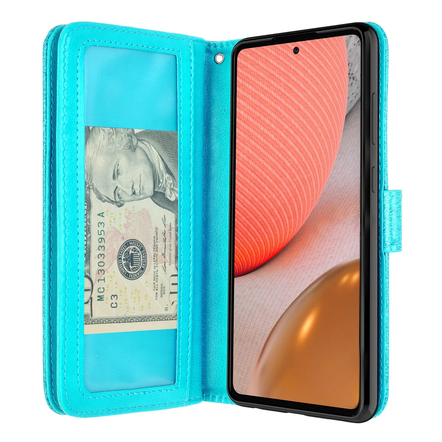 Samsung Galaxy A52 5G Case, Galaxy A52 5G Case, Glitter Faux Leather Flip Credit Card Holder Wrist Strap Shockproof Protective Wallet Case Clutch for Galaxy A52 5G - Teal