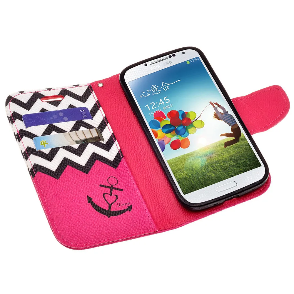 Samsung Galaxy S4 Case, Wrist Strap Magnetic Fold[Kickstand] Pu Leather Wallet Case with ID & Credit Card Slots for Samsung Galaxy S4 - Hot Pink Anchor