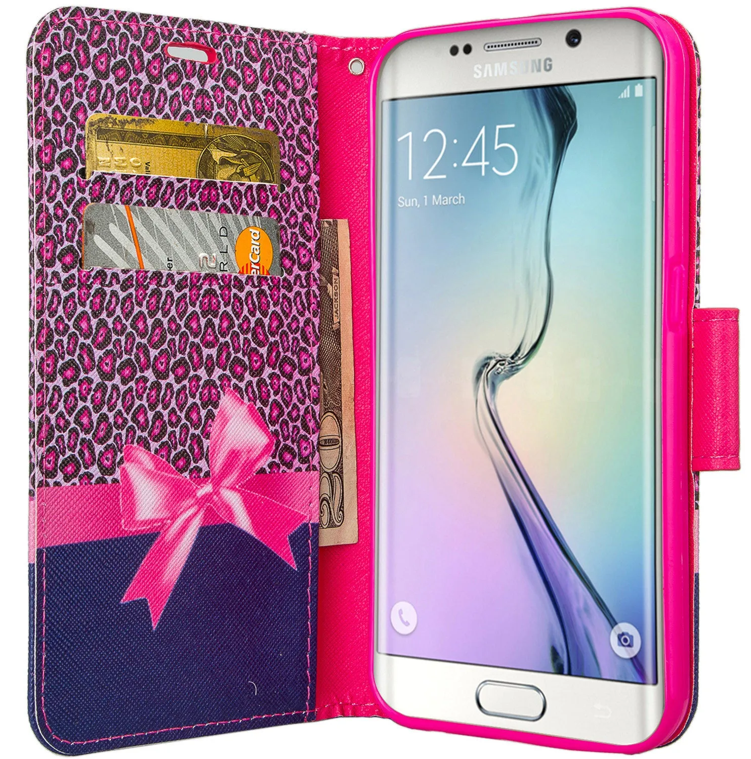 Samsung Galaxy S6 Edge Plus Case, Wrist Strap Magnetic Flip Fold[Kickstand] Pu Leather Wallet Case with ID & Card Slots - Cheetah Prints