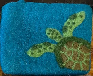 Sea Turtle on Teal Felt Coin Purse