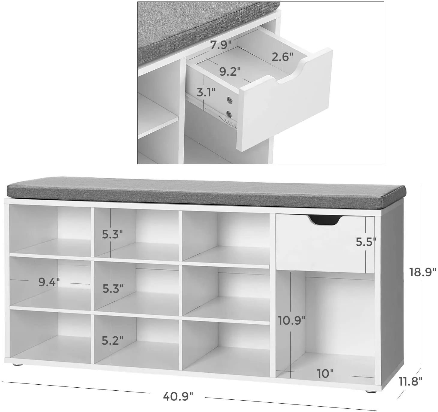 Shoe Bench, Storage Bench with Drawer and Open Compartments, Shoe Shelf, Padded Seat