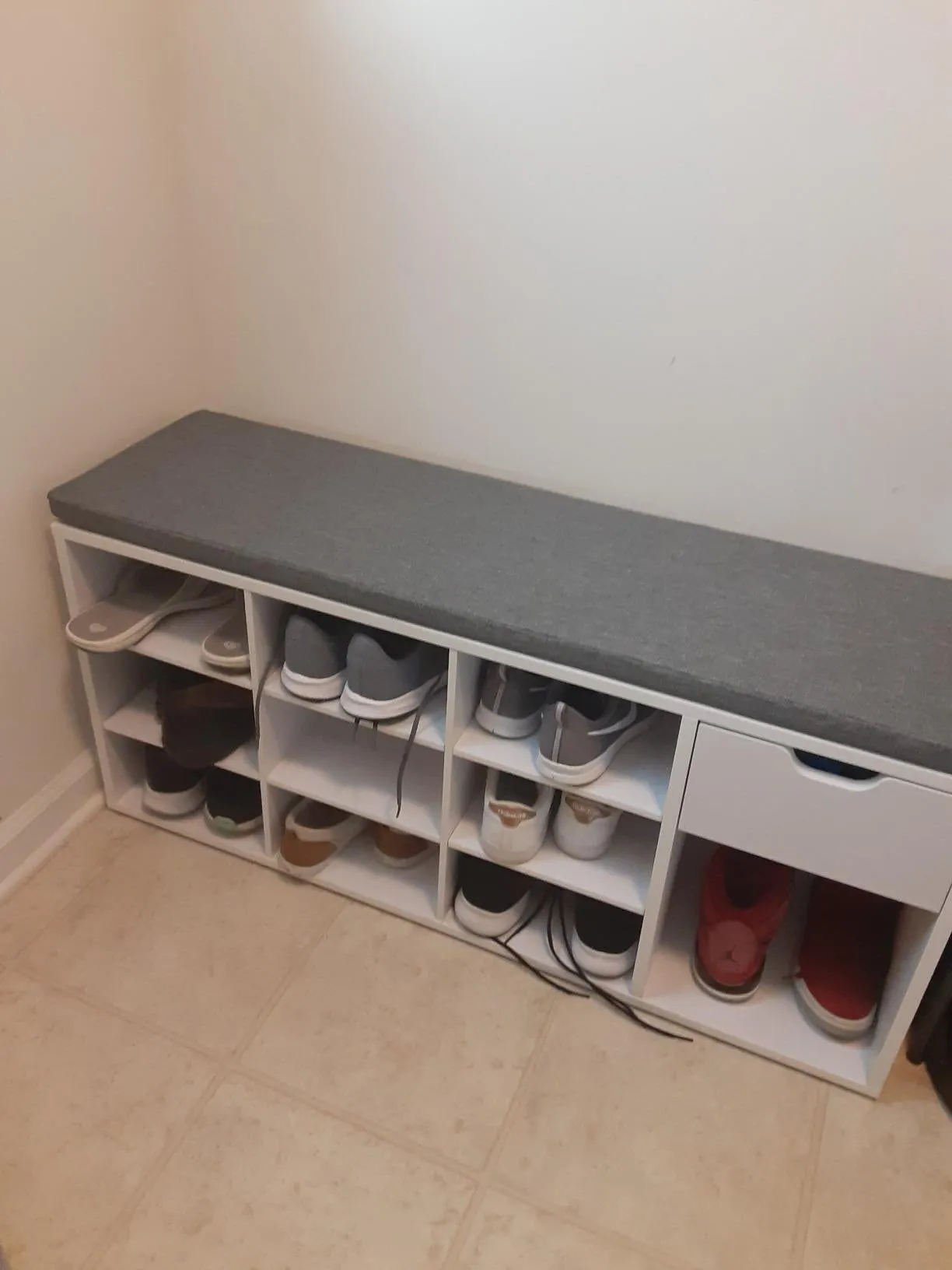 Shoe Bench, Storage Bench with Drawer and Open Compartments, Shoe Shelf, Padded Seat