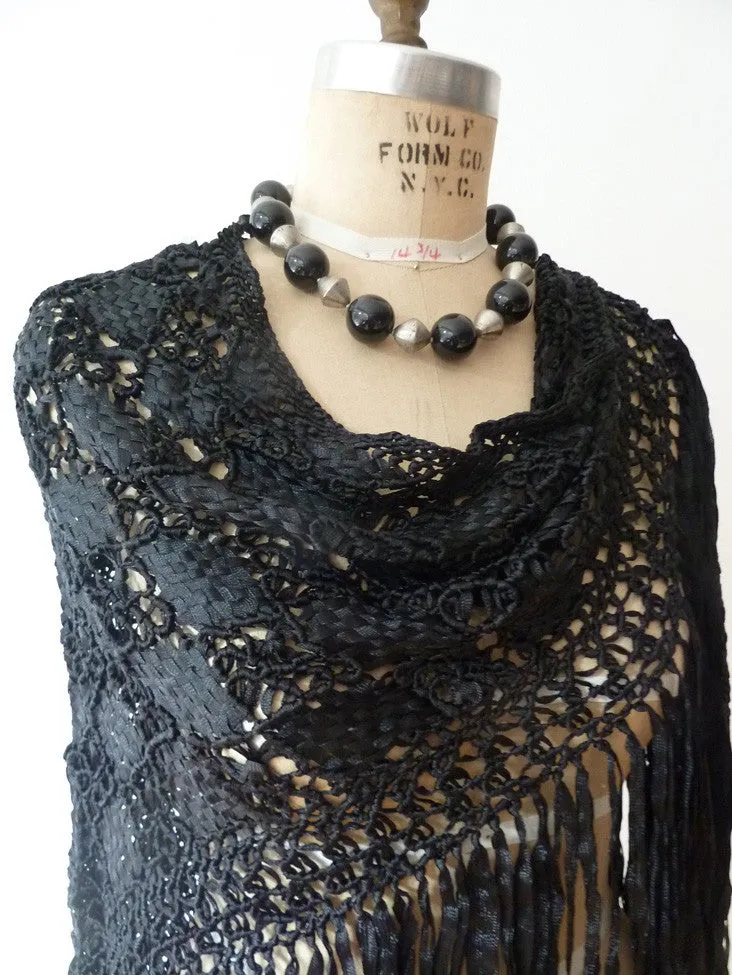 Silk Macrame Triangle Shawl Silver