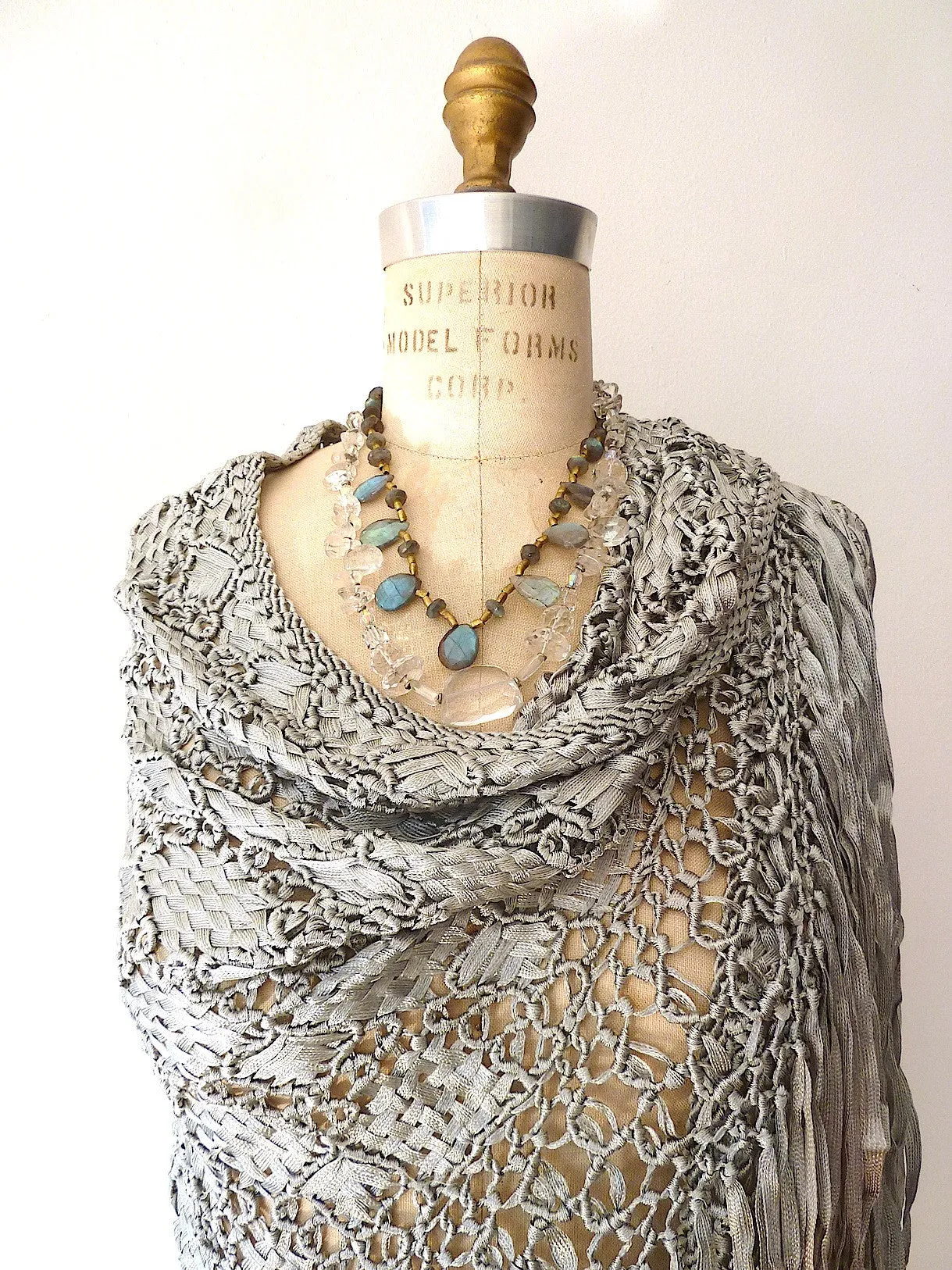 Silk Macrame Triangle Shawl Silver