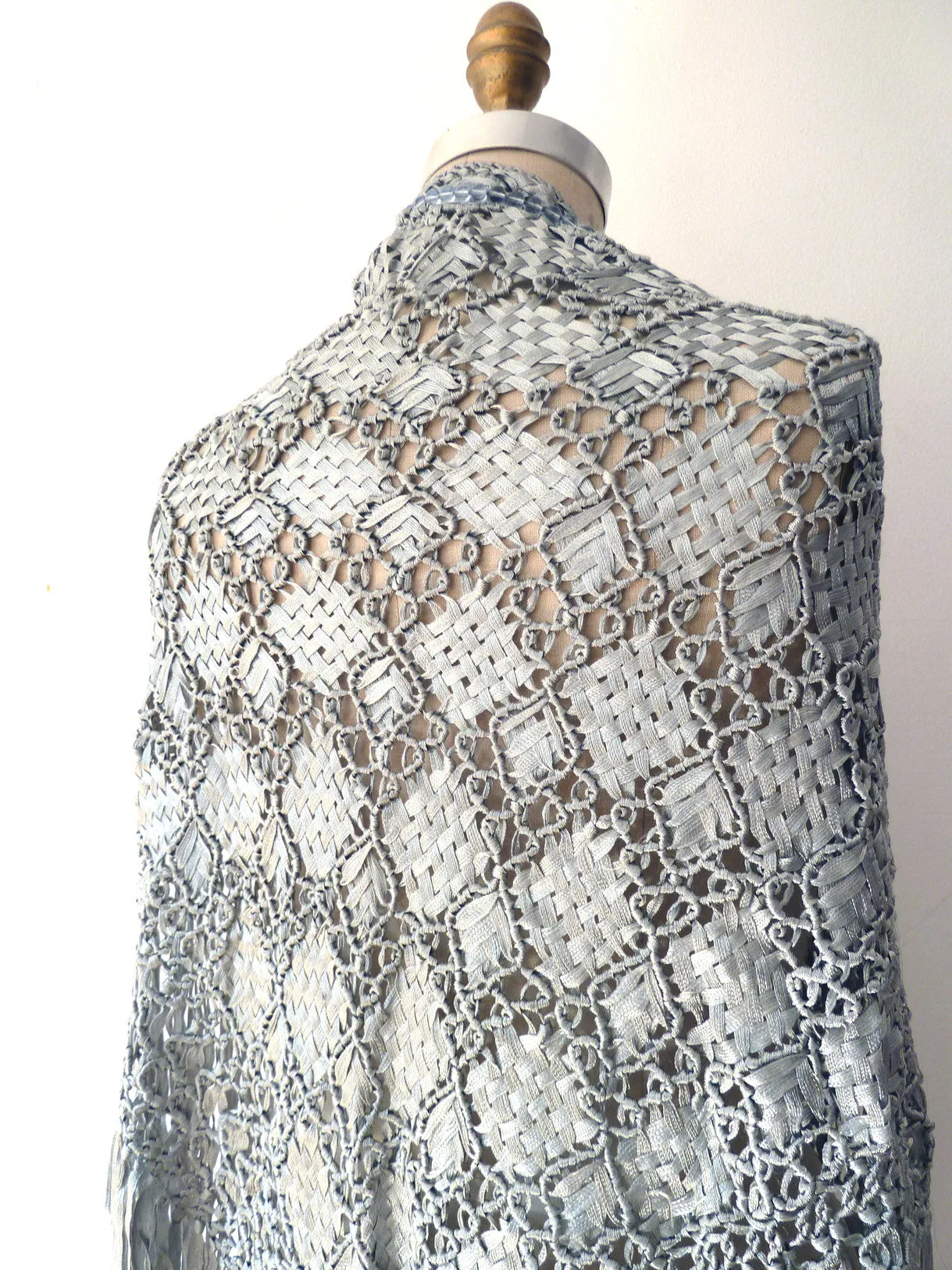 Silk Macrame Triangle Shawl Silver