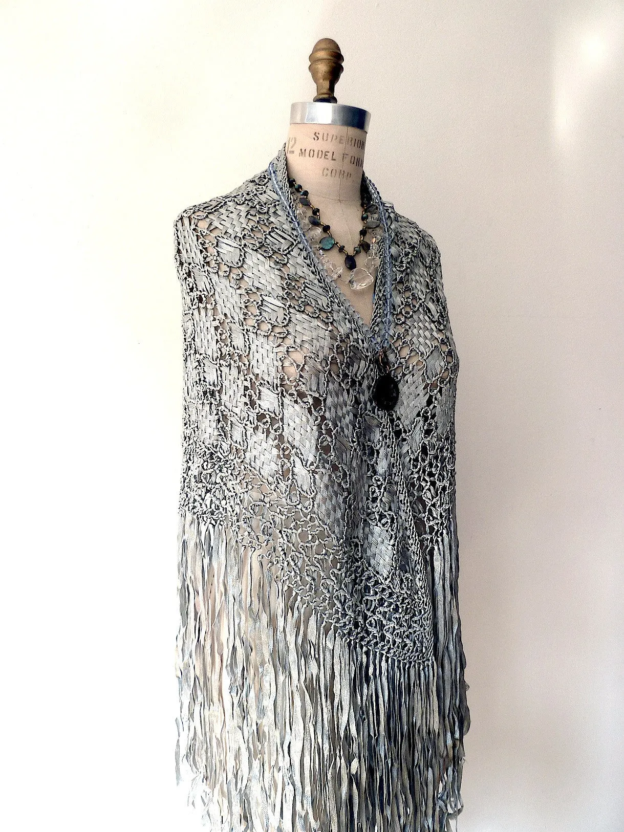 Silk Macrame Triangle Shawl Silver