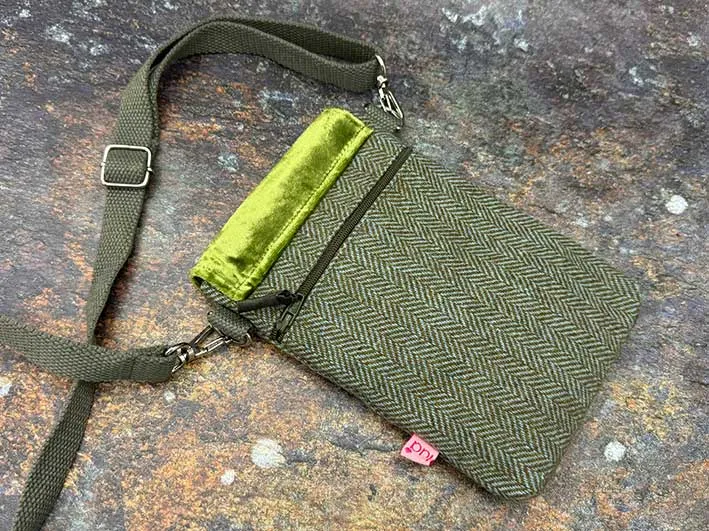 Tweed and Velvet Phone Purse - Green