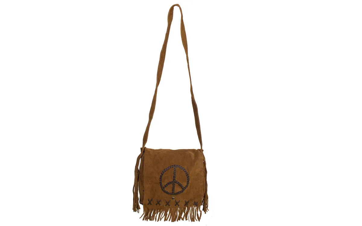 Womens Genuine Brown Suede Pocketbook with Peace Sign