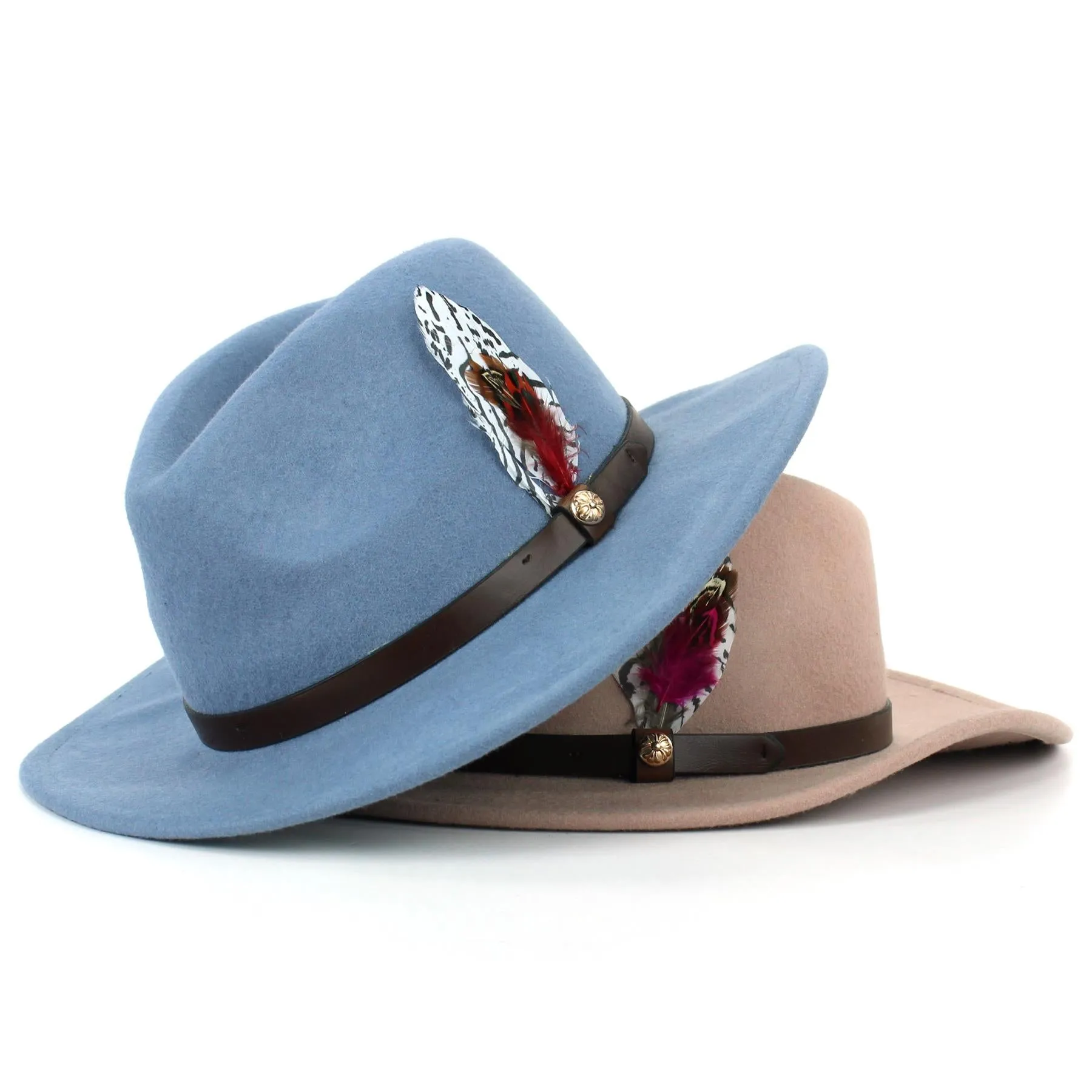 Wool Felt Fedora with Feather - Light Blue