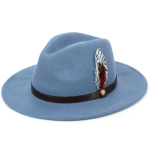 Wool Felt Fedora with Feather - Light Blue