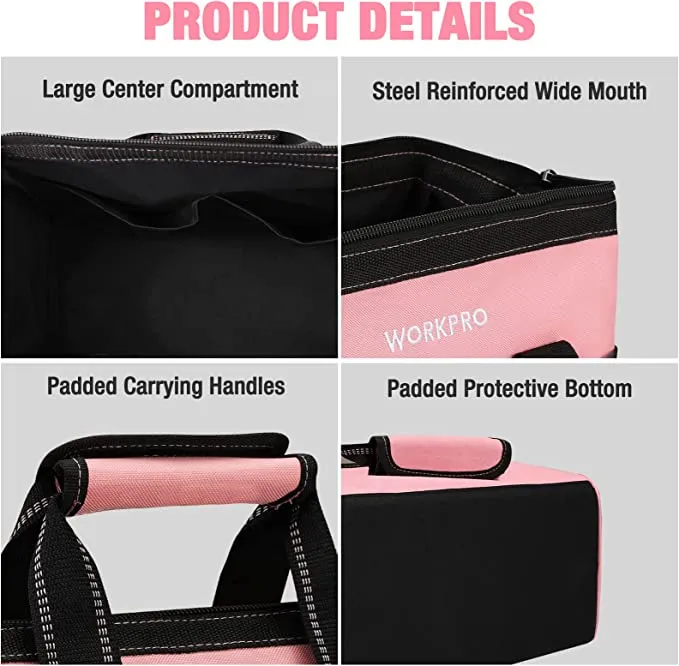 WORKPRO - #‎W081103A 13-Inch Tool Bag, Pink (or Blue) Soft Cloth Tool Storage Bags, Wide Mouth Tool Tote Bag with Inside Pockets