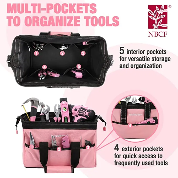 WORKPRO - #‎W081103A 13-Inch Tool Bag, Pink (or Blue) Soft Cloth Tool Storage Bags, Wide Mouth Tool Tote Bag with Inside Pockets