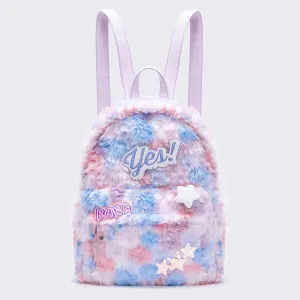 Y2K Star Pink Blue Rainbow Plush Fur School Backpack Bag