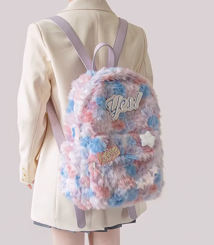 Y2K Star Pink Blue Rainbow Plush Fur School Backpack Bag