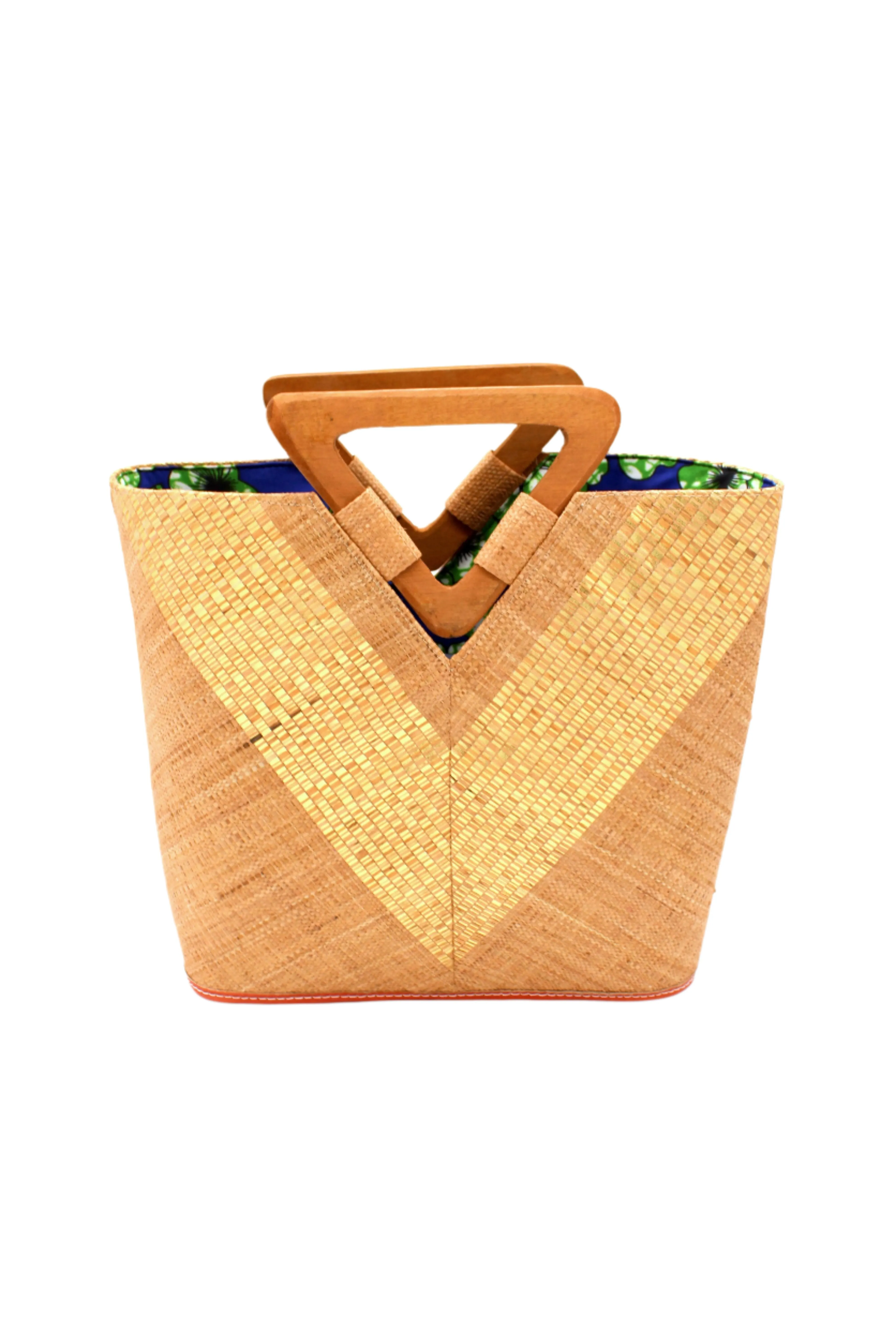 Zuki Wynwood Straw Handbag with Metallic Detailing & Wood Triangle Handle